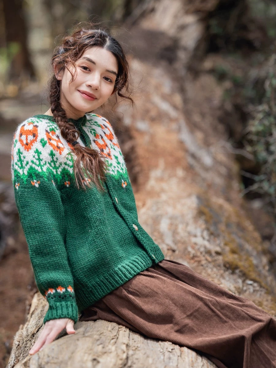 Handcrafted 100% Wool Fair Isle Fox Pattern Cardigan