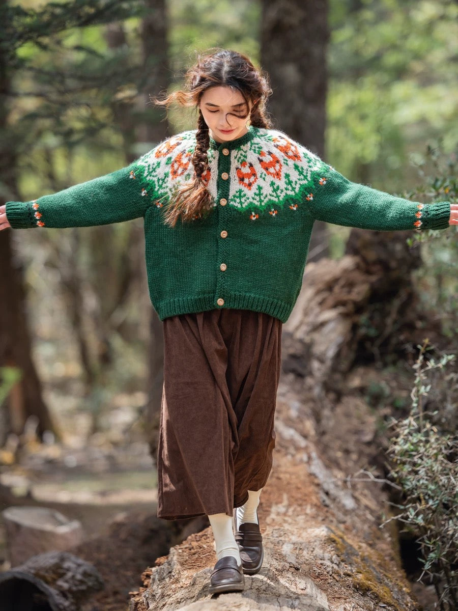 Handcrafted 100% Wool Fair Isle Fox Pattern Cardigan