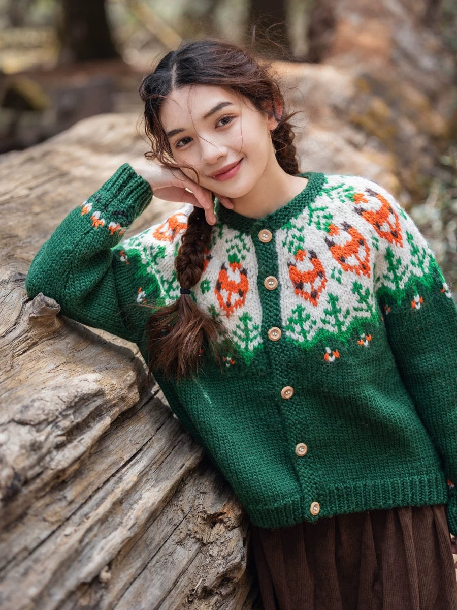 Handcrafted 100% Wool Fair Isle Fox Pattern Cardigan